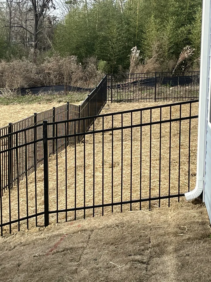 Black aluminum fence stepping along a sloped backyard.
