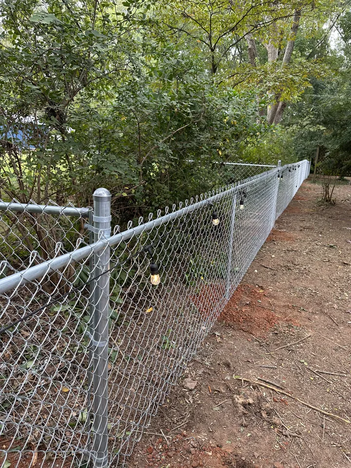 Galvanized chain link fence along a wooded backyard.