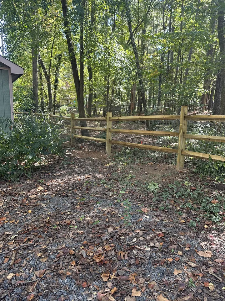 Wood split rail fence through a wooded side yard.