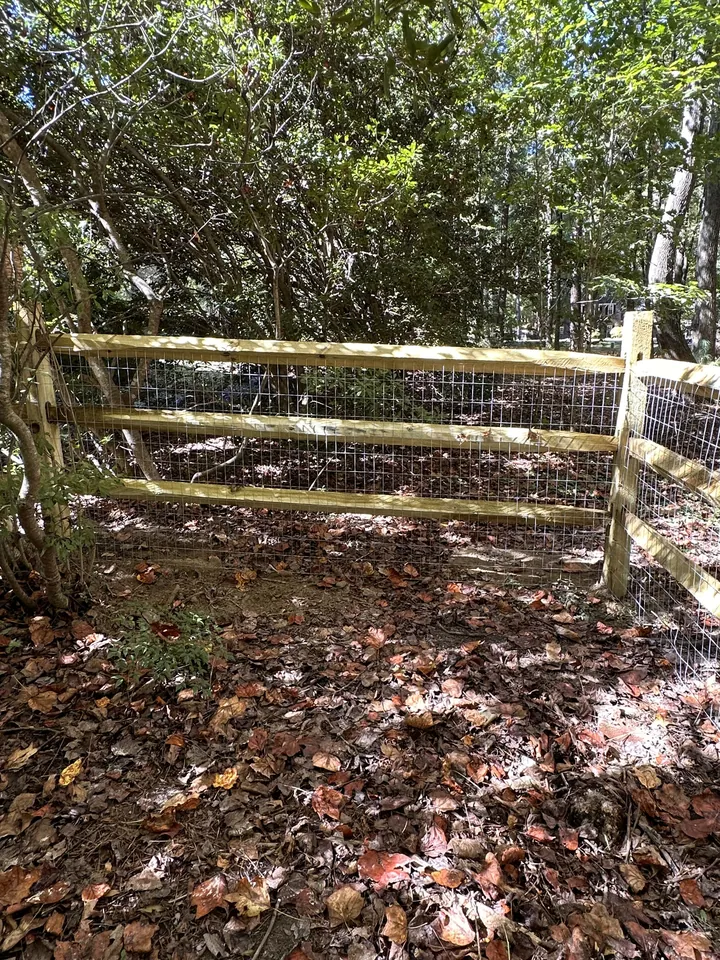 Wood split rail fence with wire mesh backing in a wooded yard.
