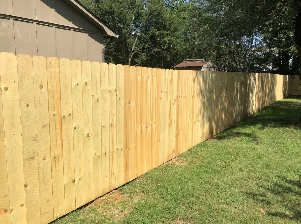 Pressure treated wood privacy fence along a backyard lawn.