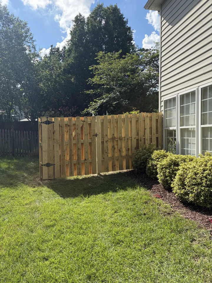 Wood shadowbox fence beside a house with shrubs.